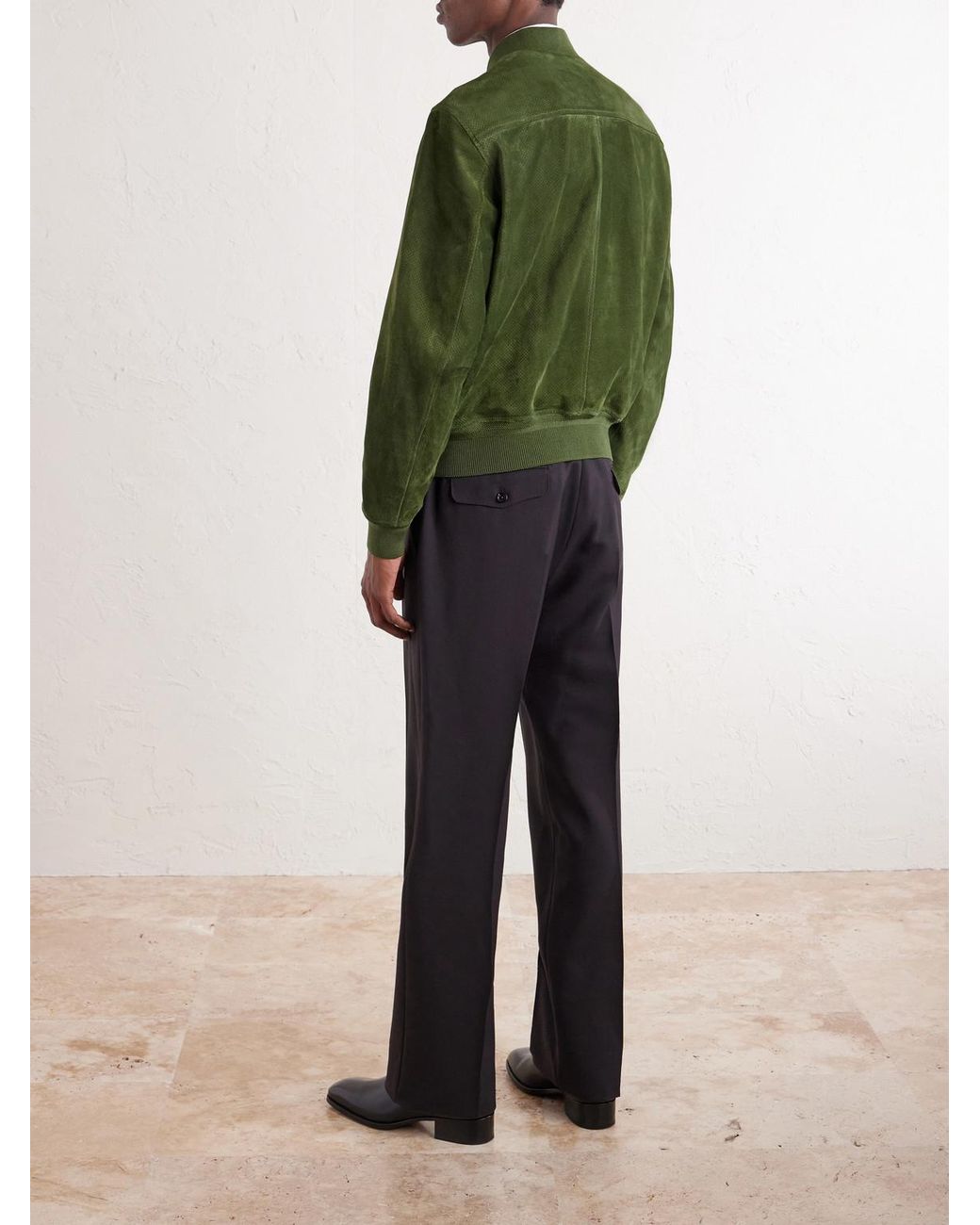 Tom Ford Green Perforated Suede Bomber Jacket for men