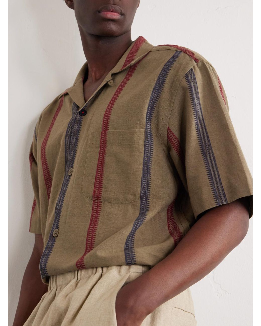 Kardo Brown Ronen Camp-Collar Striped Jacquard-Knit Cotton Shirt for men