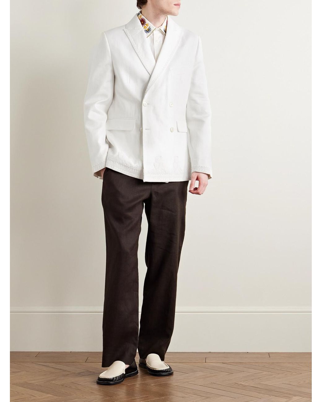 Bode Marsh Double-Breasted Embellished Tulle-Trimmed Linen Suit Jacket in White für Herren