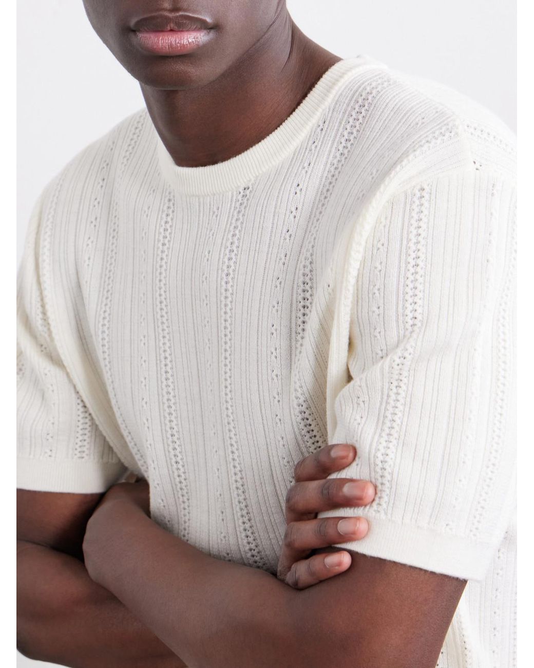 Aimé Leon Dore White Striped Pointelle-Knit Merino Wool T-Shirt for men