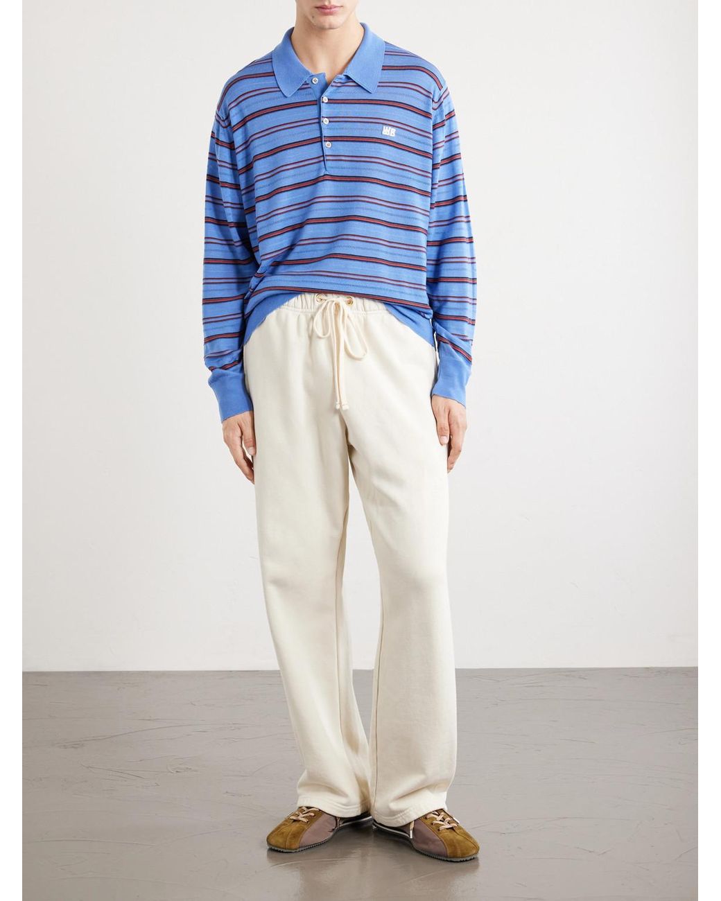Wales Bonner Blue Beam Striped Wool And Cotton Polo Shirt for men