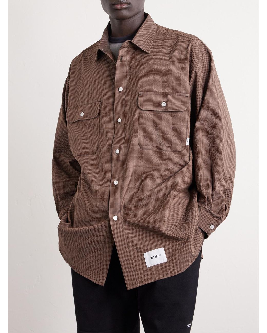 (w)taps Brown Checked Seersucker Shirt for men