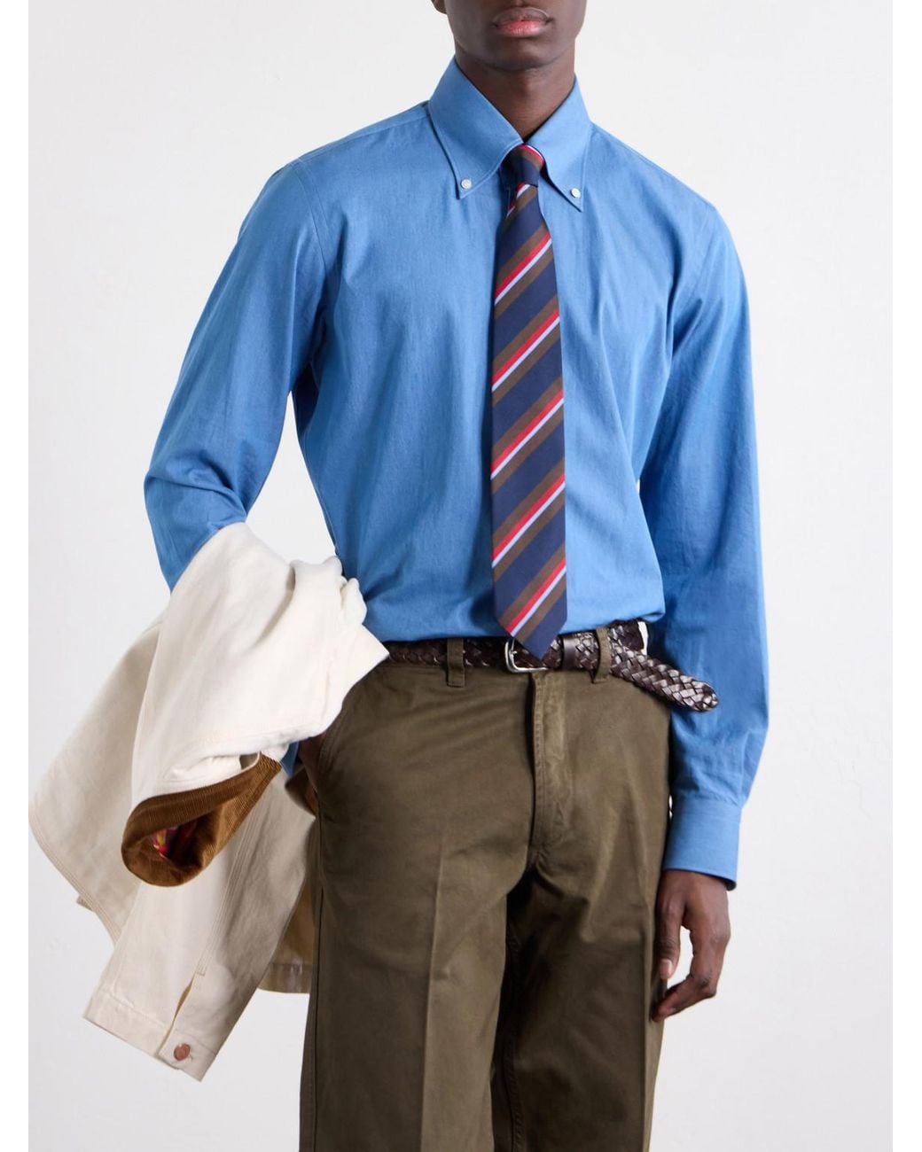 Drake's White 7Cm Striped Silk And Cotton-Blend Tie for men