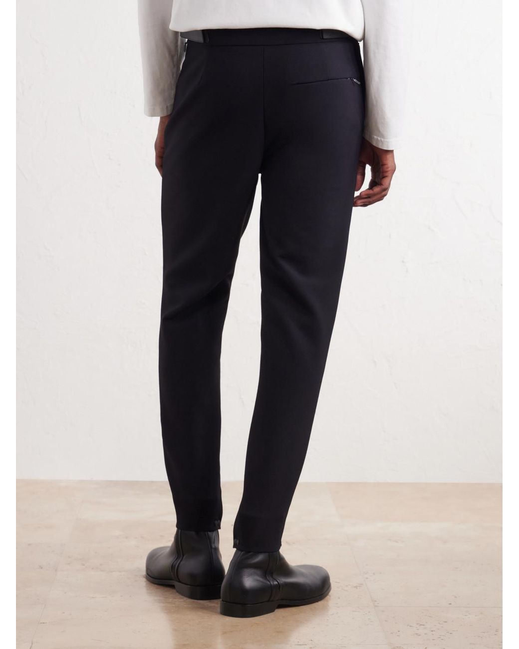 Loewe Blue Tapered Leather-Trimmed Wool-Blend Twill Trousers for men