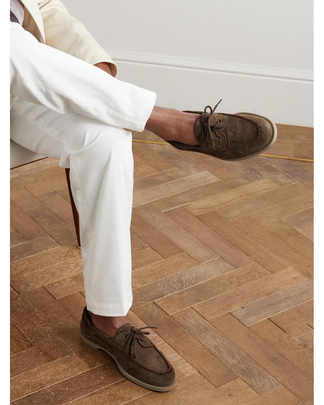 John Lobb Green Foil Suede Boat Shoes for men