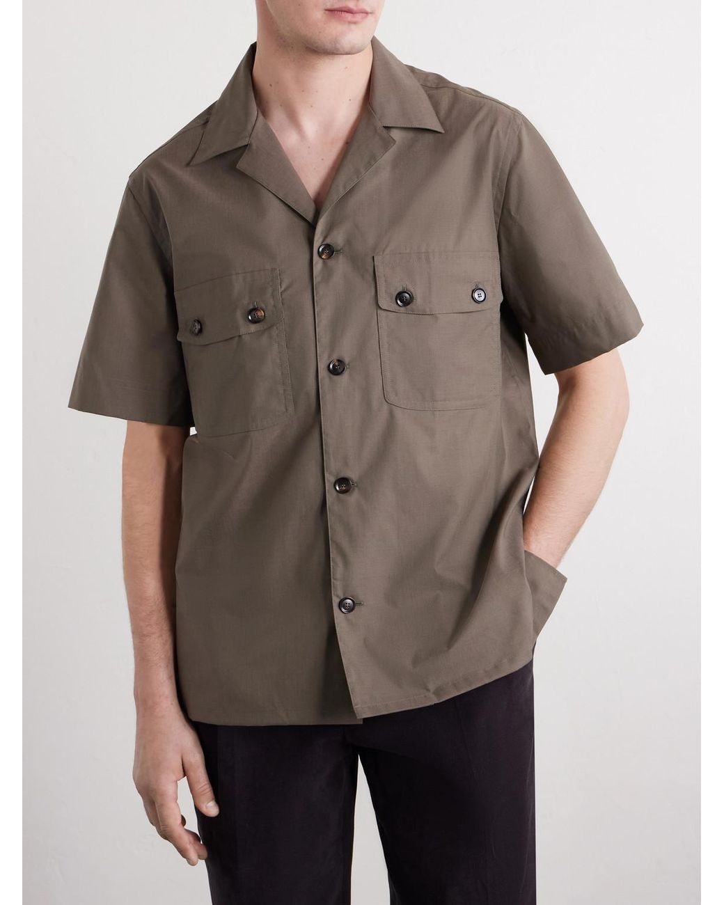 Brioni Gray Convertible-Collar Cotton-Poplin Shirt for men