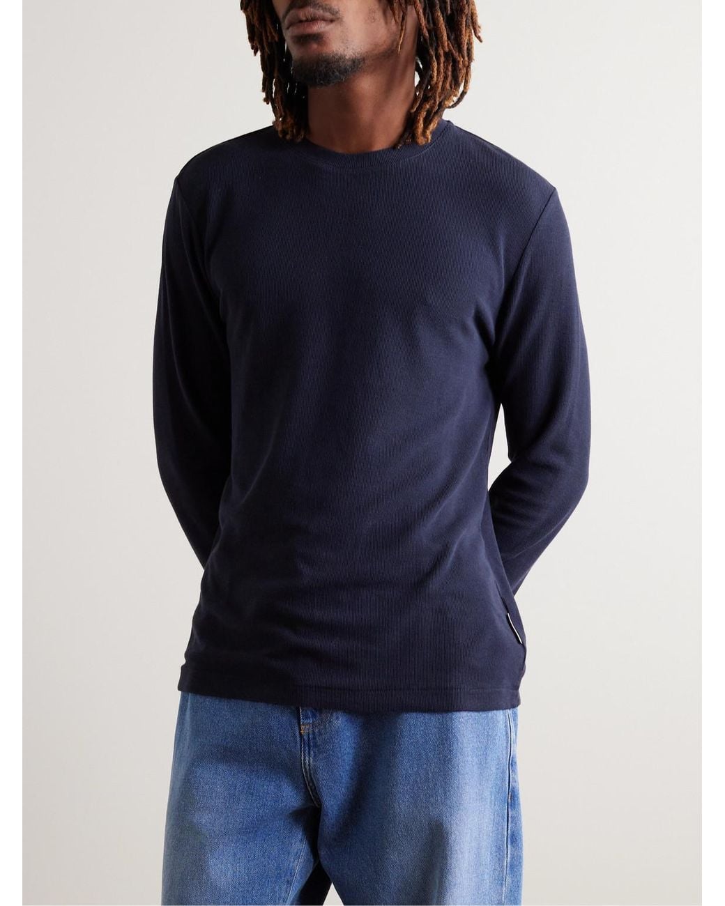 NN07 Blue Clive Waffle-Knit Cotton And Modal-Blend T-Shirt for men