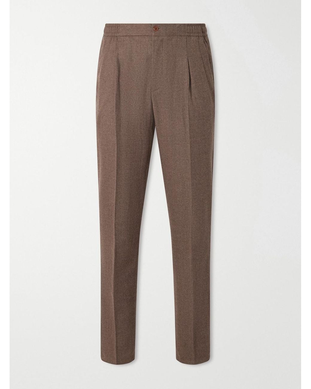 Rubinacci Brown Convertible Tapered Drawstring Virgin Wool-Flannel Trousers for men