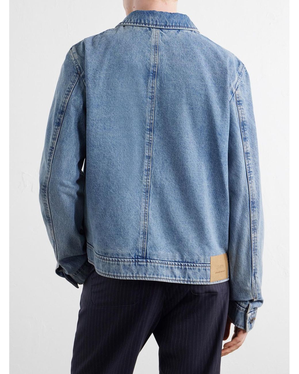AMI Blue Logo-Embroidered Washed-Denim Jacket for men
