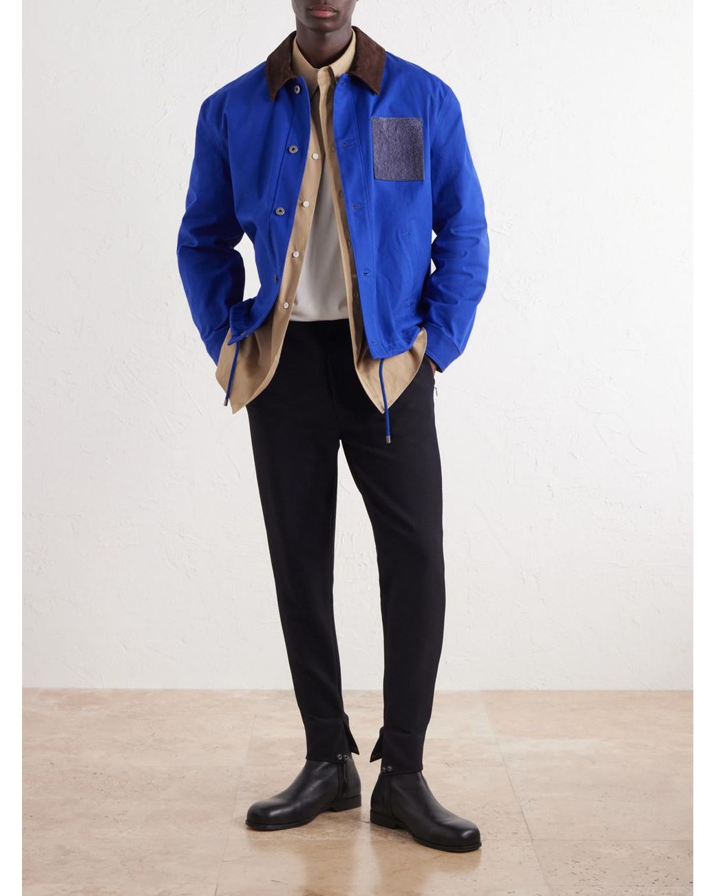 Loewe Blue Tapered Leather-Trimmed Wool-Blend Twill Trousers for men