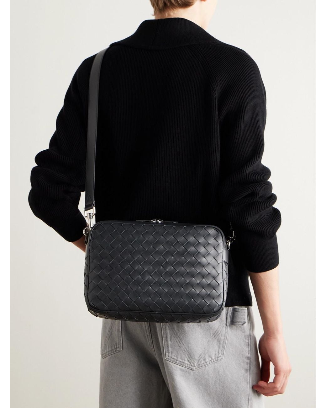 Bottega Veneta Black Intrecciato Leather Messenger Bag for men