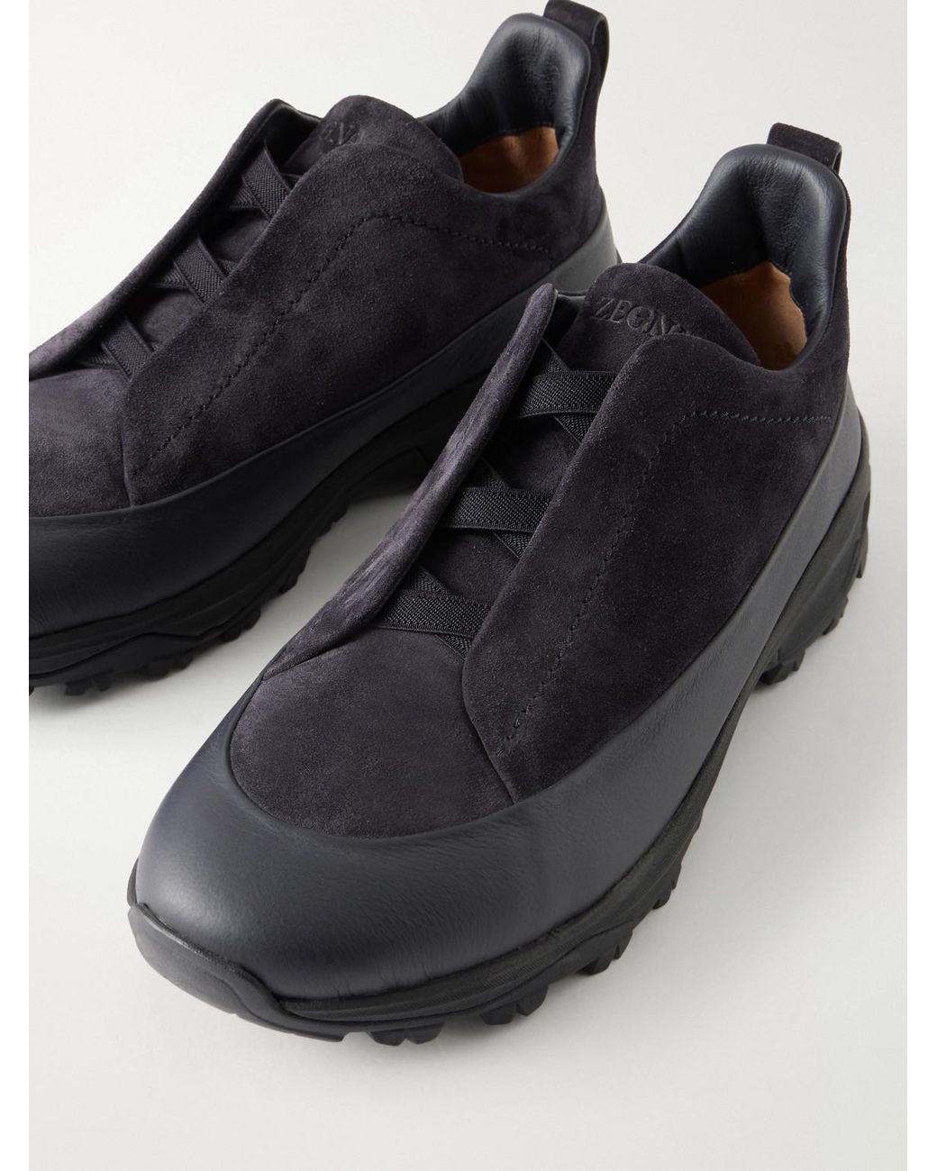 Zegna Black Triple Stitch Monte Rubber-Trimmed Suede Slip-On Sneakers for men