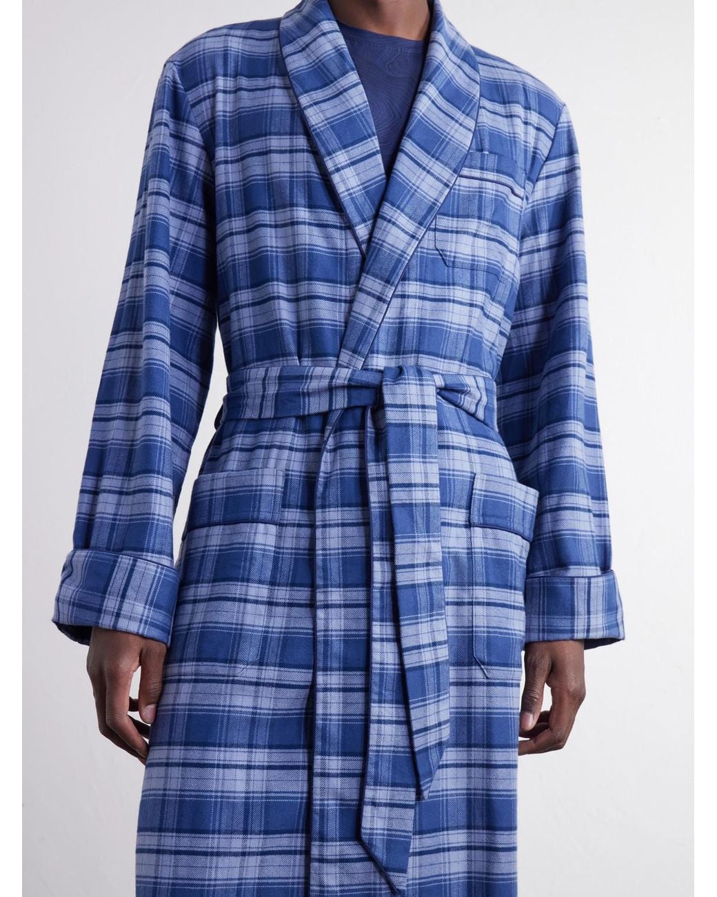 Derek Rose Blue Kelburn Belted Checked Brushed Cotton-Flannel Robe for men