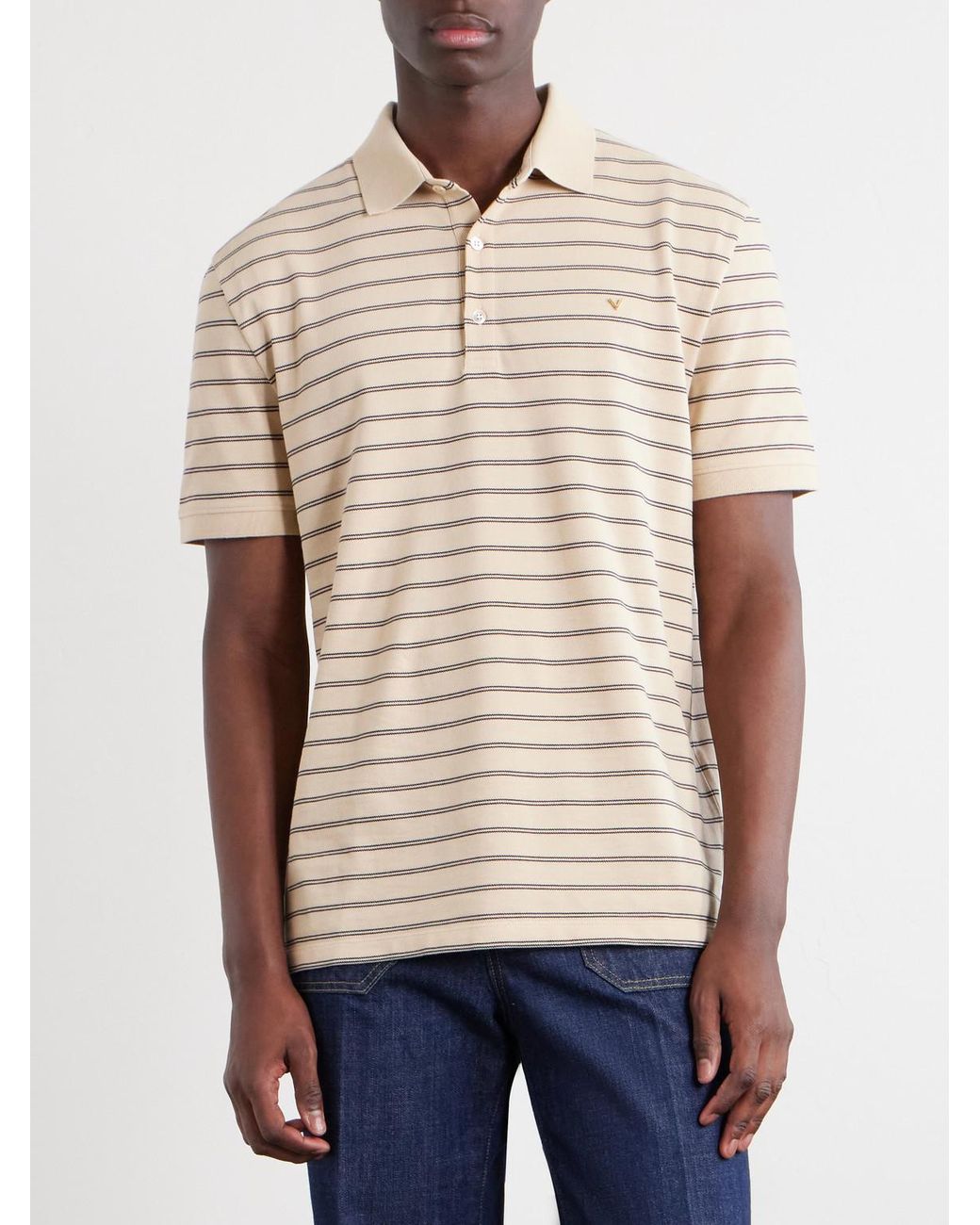 Valentino Garavani Natural Vlogo Striped Cotton-Piqué Polo Shirt for men