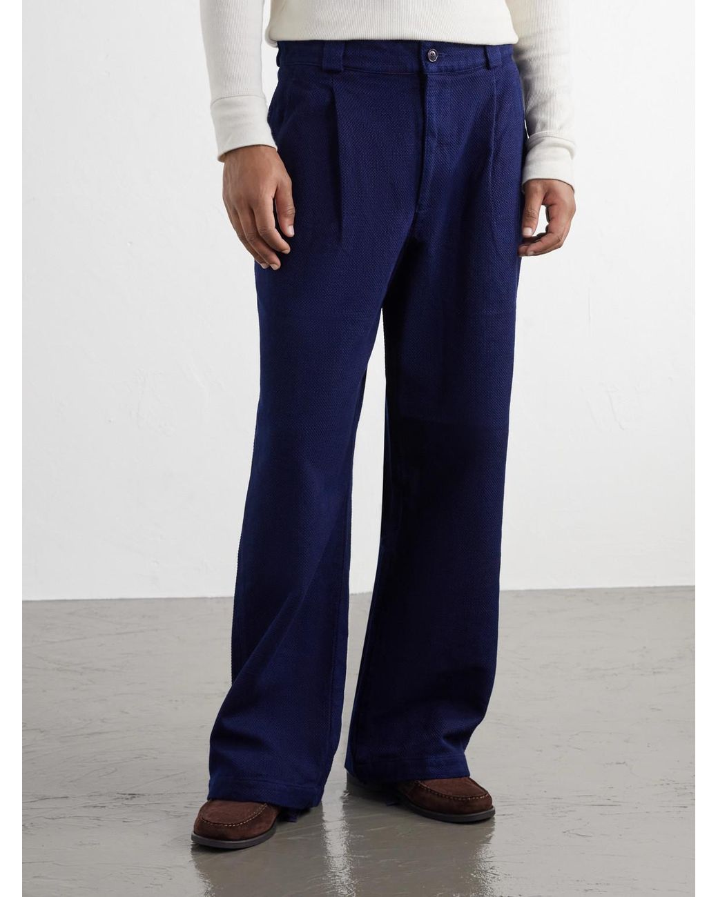 Blue Blue Japan Blue Straight-Leg Pleated Sashiko-Cotton Trousers for men