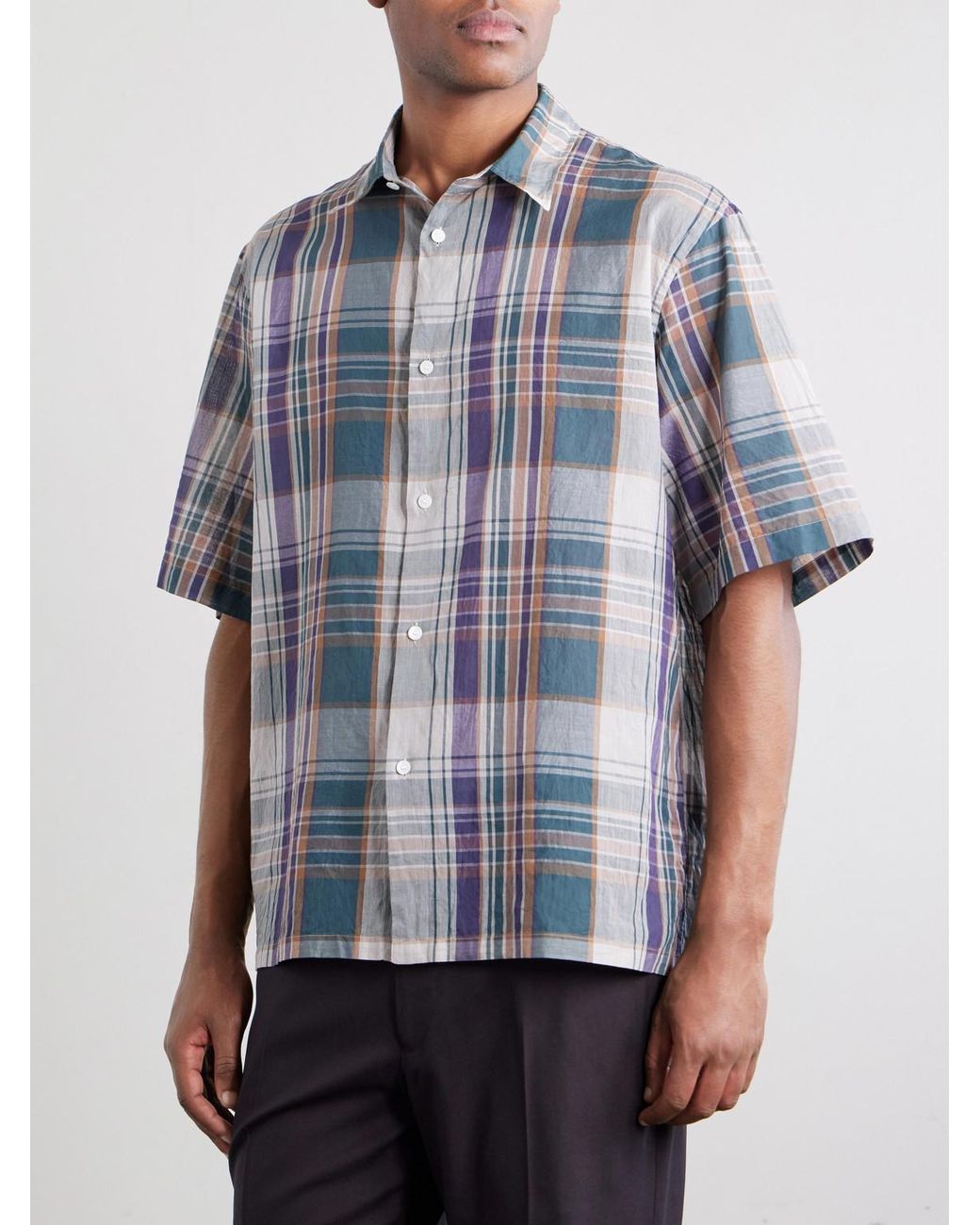 Kaptain Sunshine Blue Checked Cotton-gauze Shirt for men