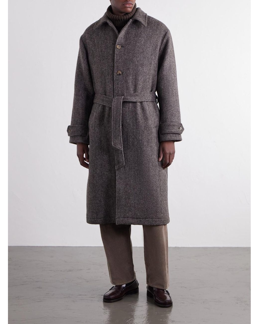 De Bonne Facture Gray Double-Breasted Herringbone Wool-Tweed Coat for men