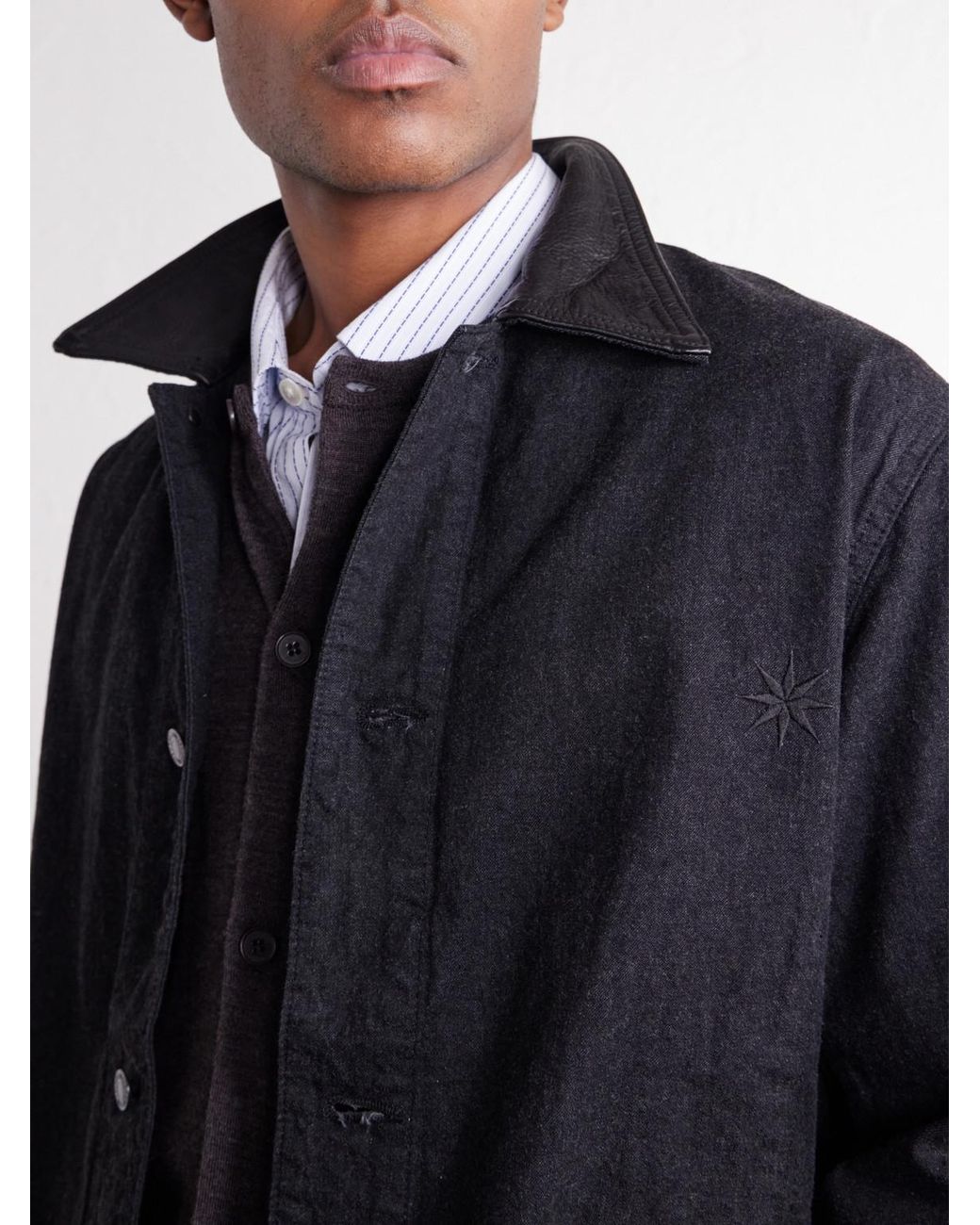 Fullcount Blue Leather-Trimmed Denim Jacket for men
