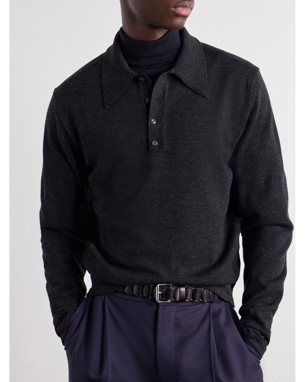 Lemaire Blue Mouliné Wool Polo Shirt for men