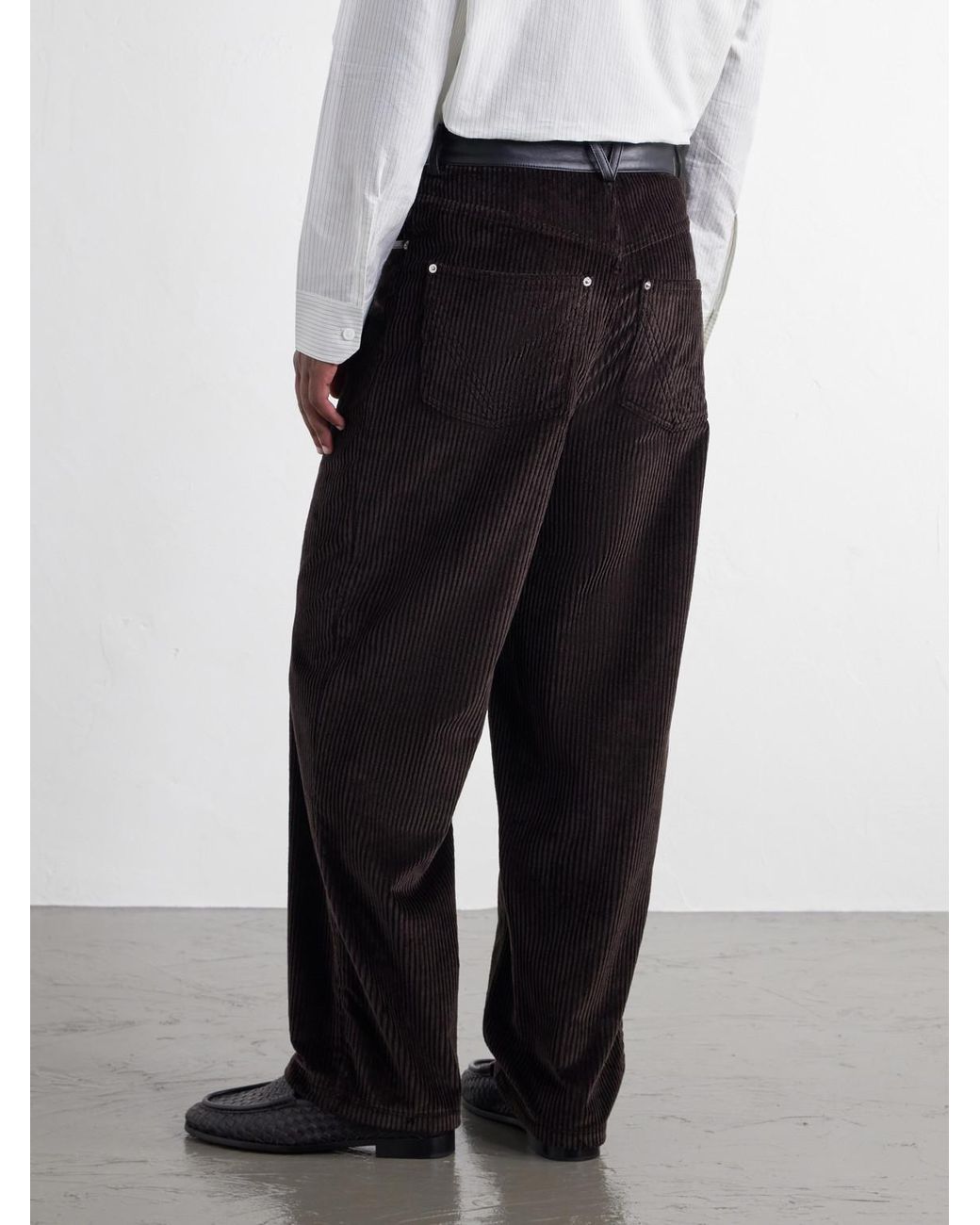 Bottega Veneta Black Straight-Leg Leather-Trimmed Cotton-Corduroy Trousers for men