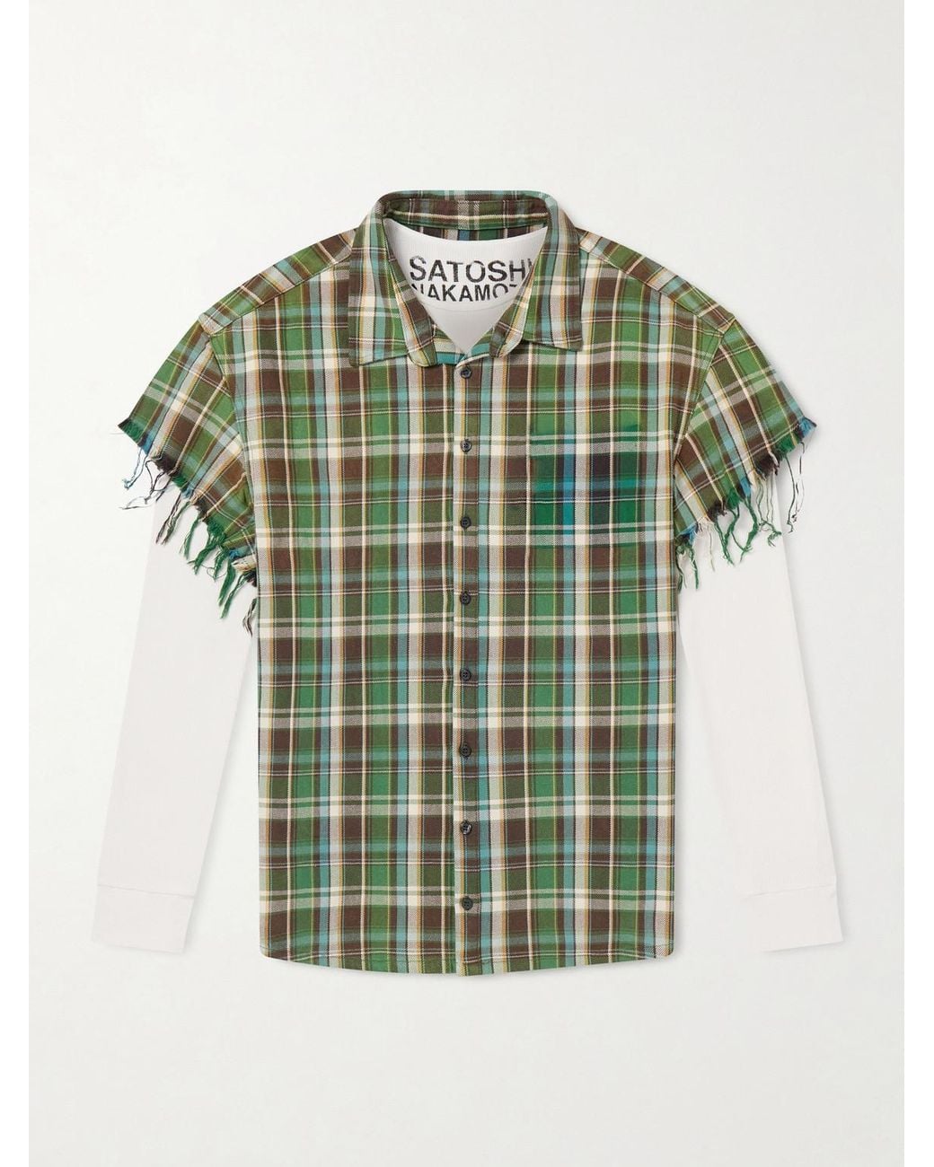 Satoshi Nakamoto Green Layered Frayed Checked Cotton-flannel And Waffle-knit Shirt for men