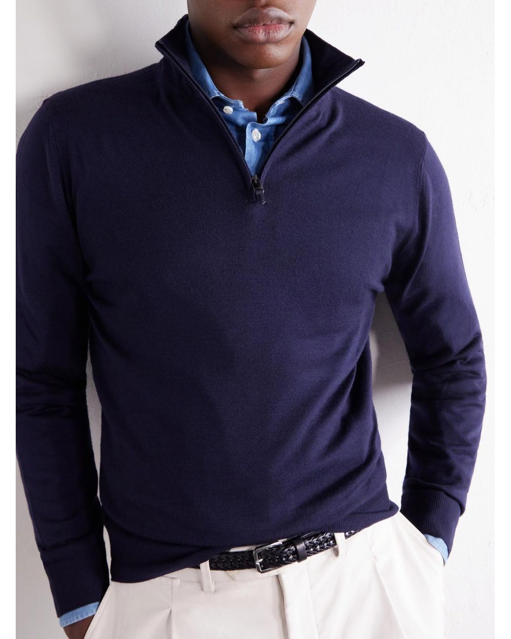 Canali Blue Rib-Trimmed Wool Half-Zip Sweater for men