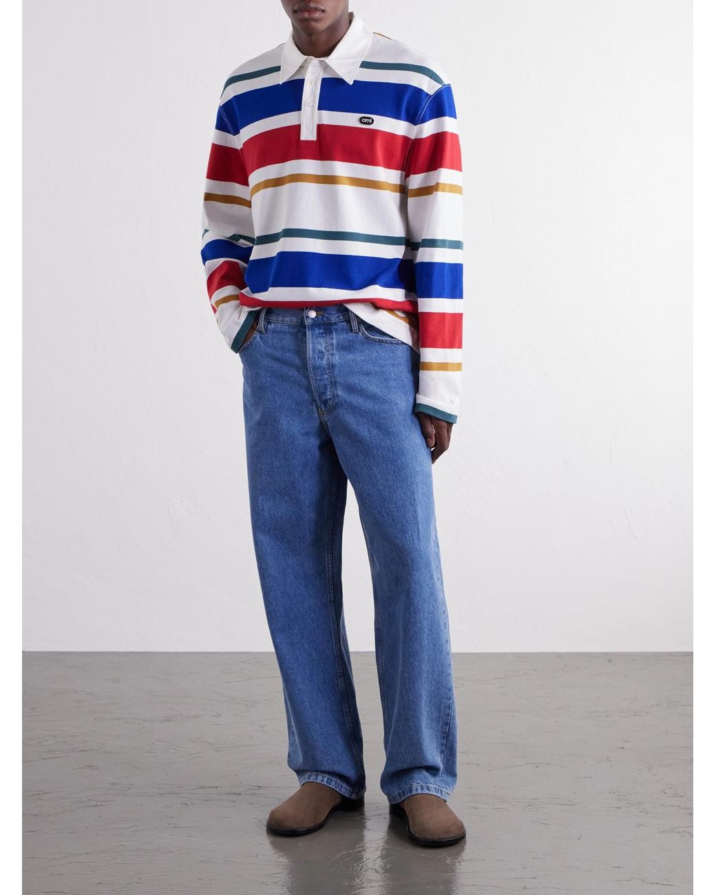 AMI Blue Logo-Appliqué Striped Cotton-Jersey Polo Shirt for men
