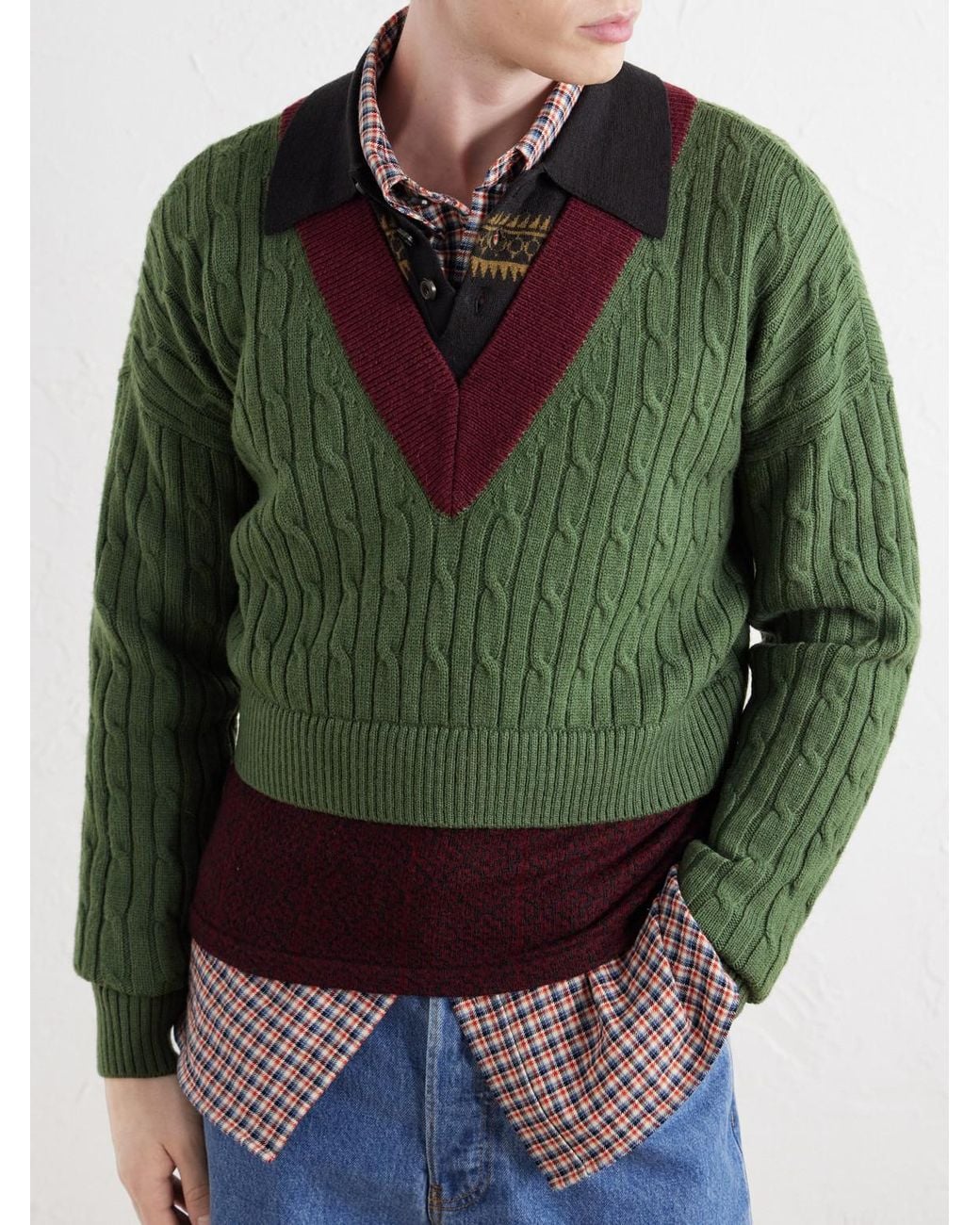 Dries Van Noten Green Jacquard-trimmed Cable-knit Wool And Cotton-blend Sweater for men