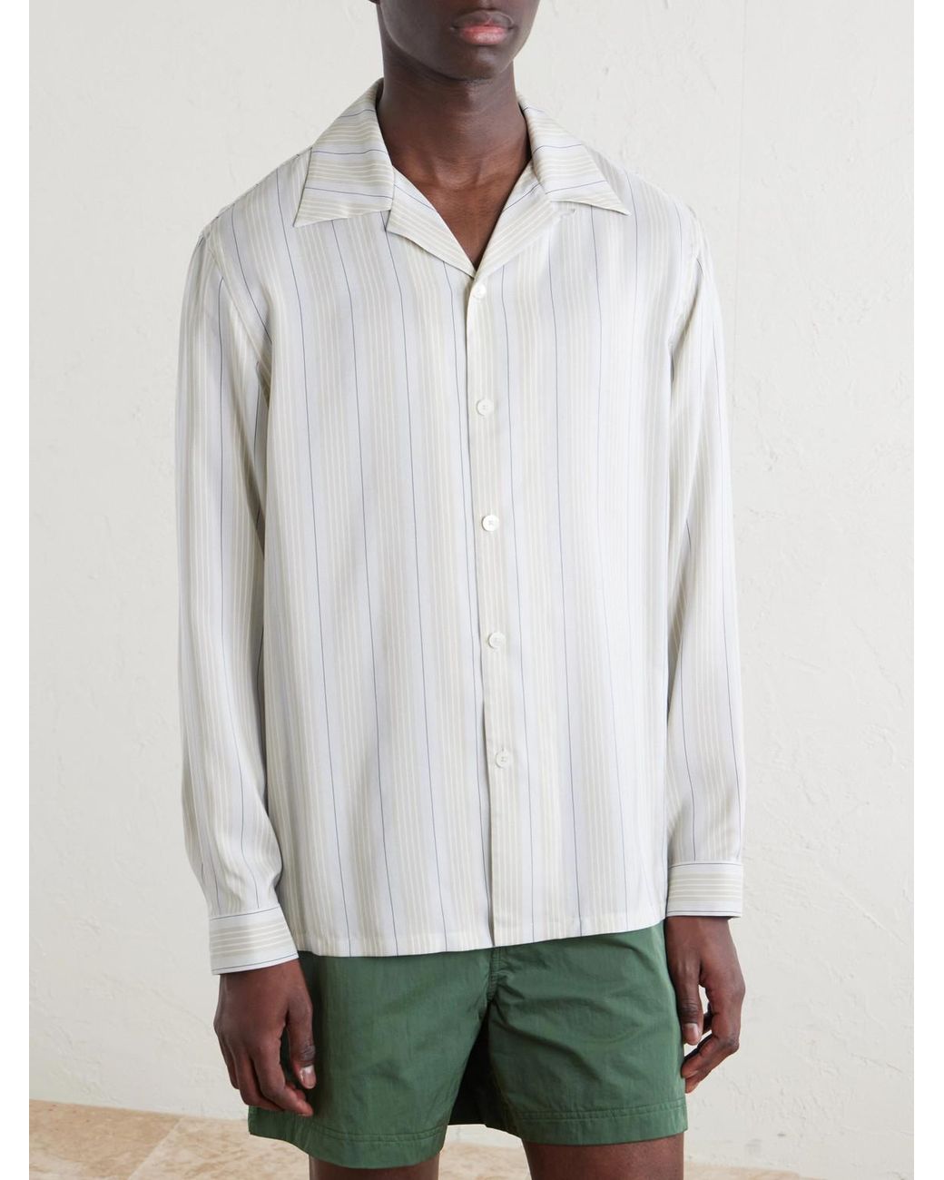 Zegna White Striped Camp-collar Silk Shirt for men