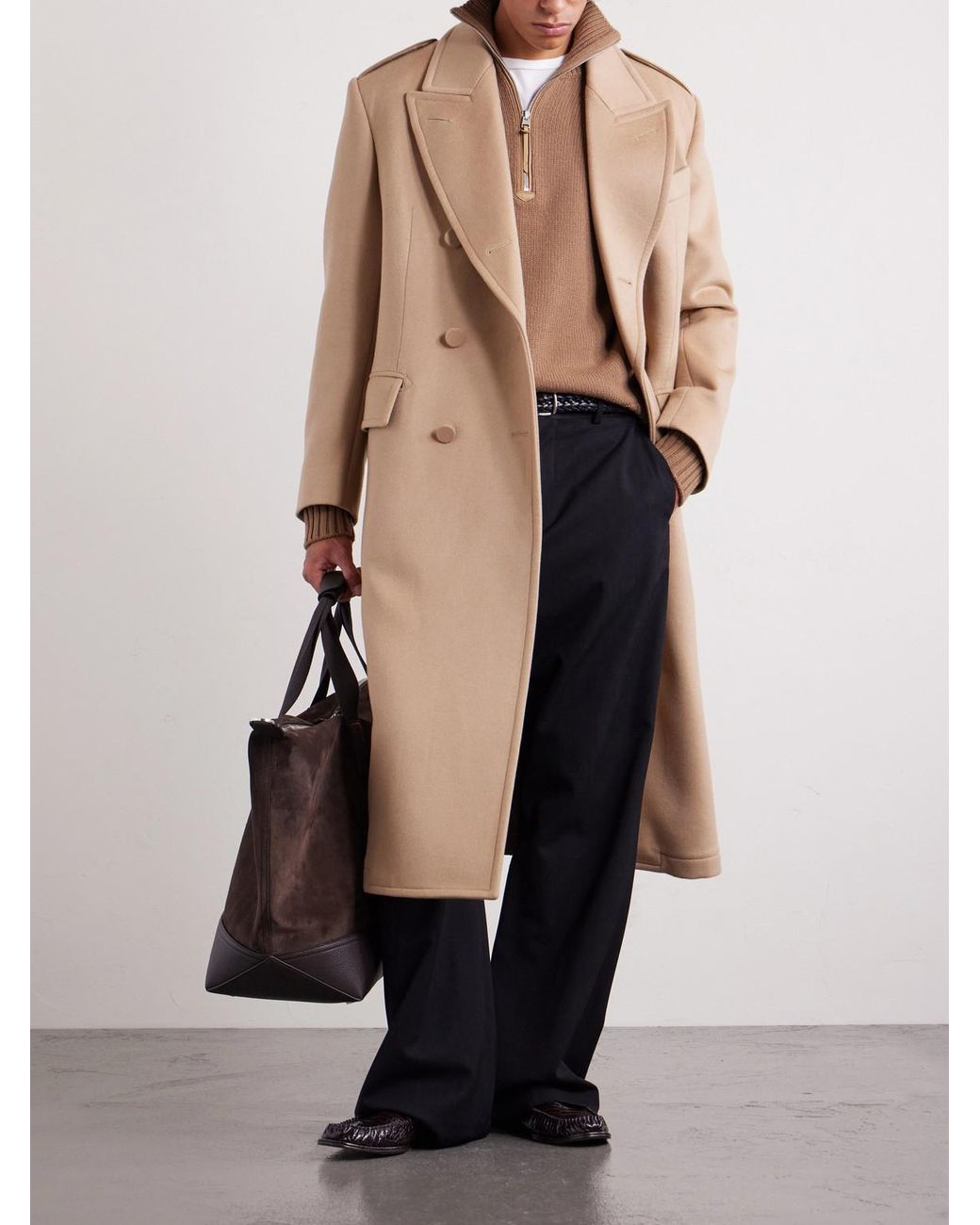 Tom Ford Natural Double-Breasted Wool And Cashmere-Blend Coat for men