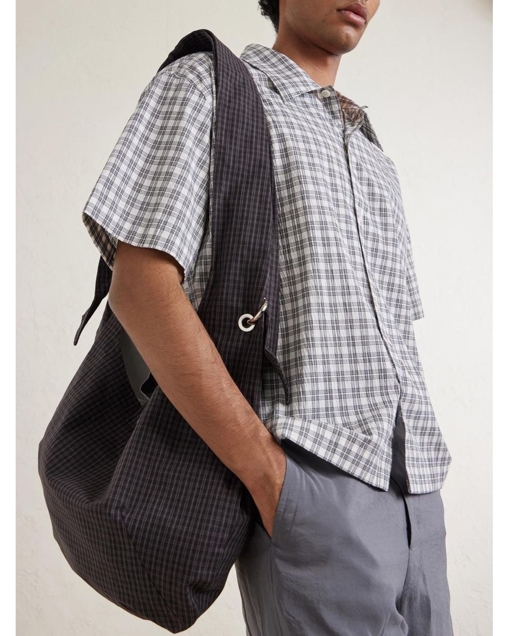 mfpen Black Eyelet Checked Cotton And Linen-Blend Canvas Shoulder Bag for men
