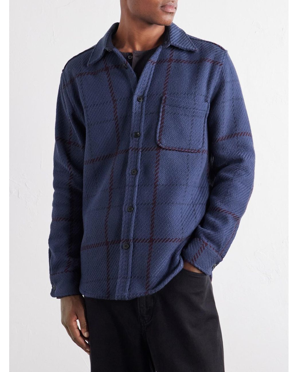 Portuguese Flannel Blue Upper Checked Cotton-woven Overshirt for men