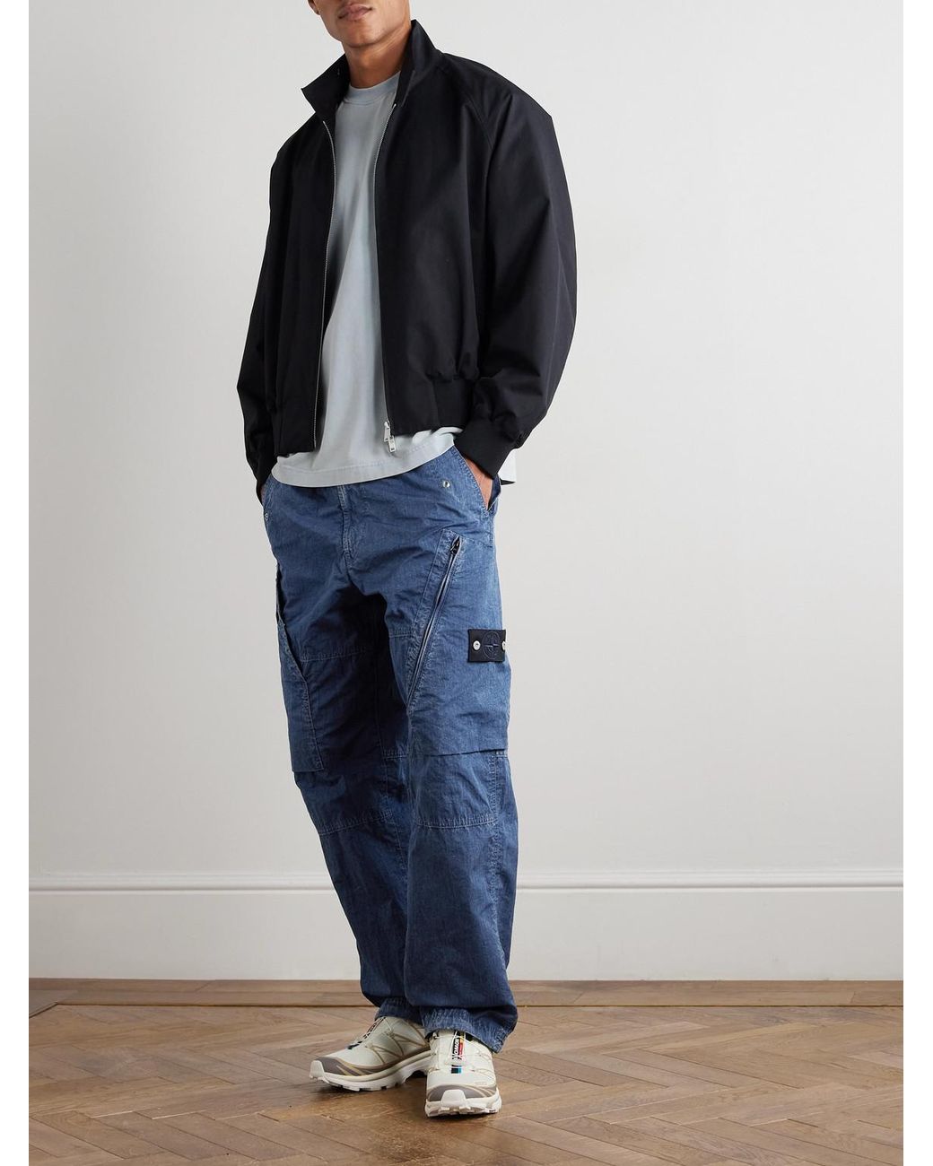 Stone Island Blue Denim Research Tapered Garment-Dyed Hollow Fiber Nylon-Tc Cargo Trousers for men