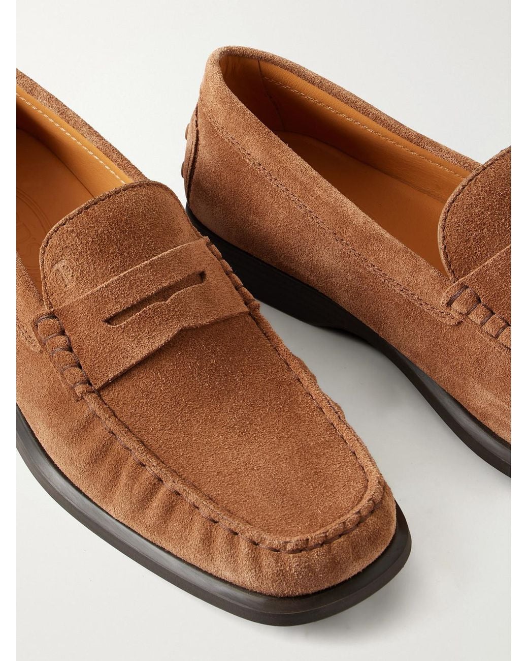Tod's Brown Gathered Suede Penny Loafers for men