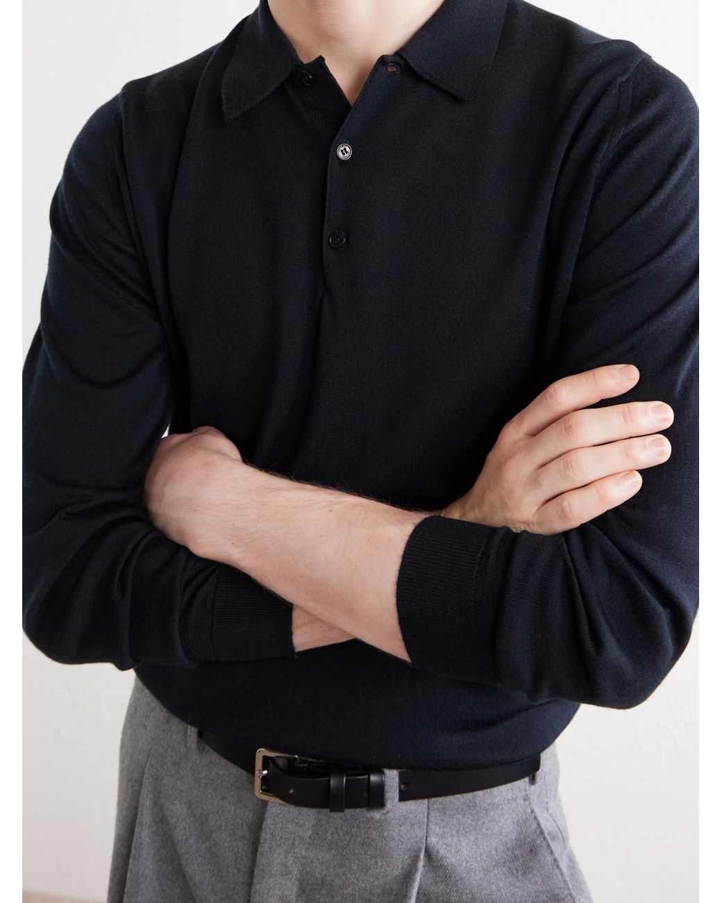 John Smedley Blue Caverhill Knitted Merino Wool Polo Shirt for men