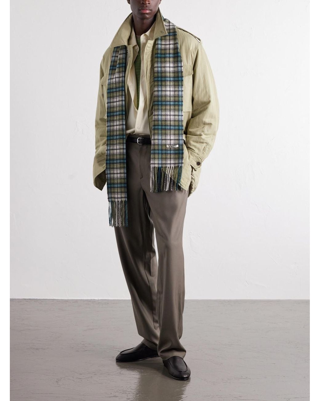 Auralee Green Fringed Checked Cashmere Scarf for men