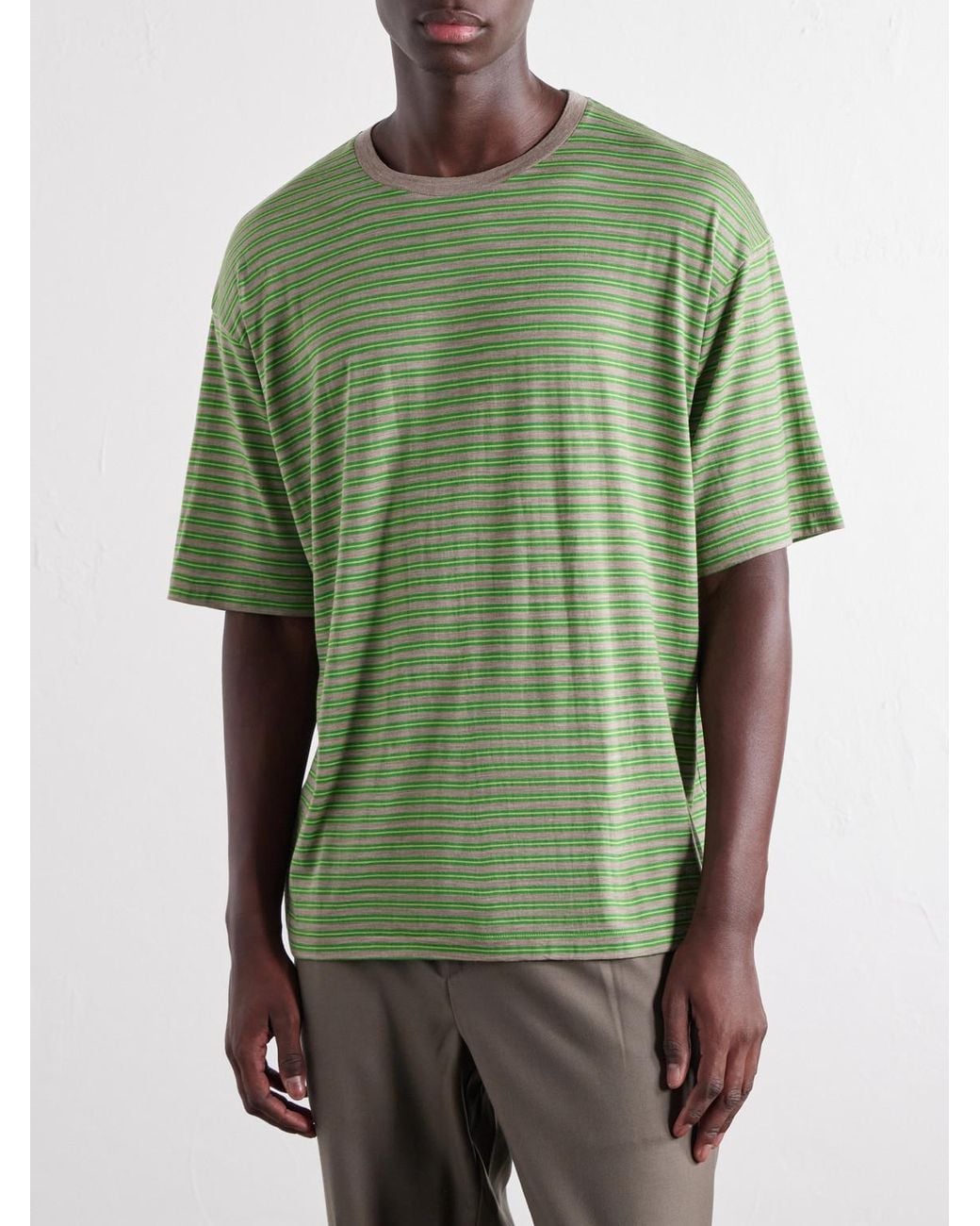 Auralee Green Striped Wool-Jersey T-Shirt for men