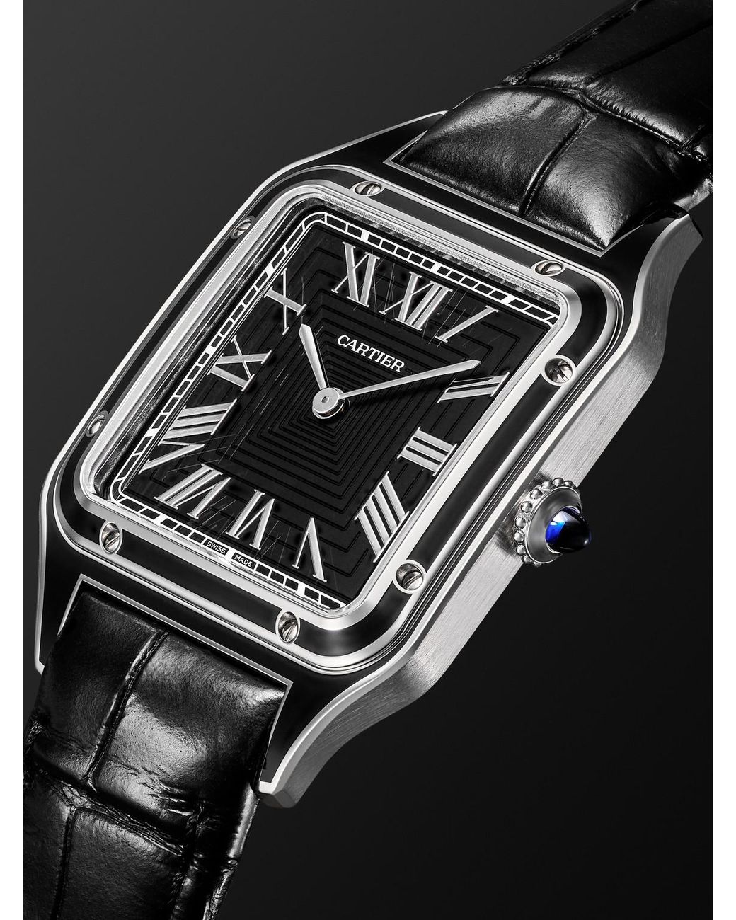Cartier Black Santos-dumont Hand-wound 43.5mm Stainless Steel And Alligator Watch for men