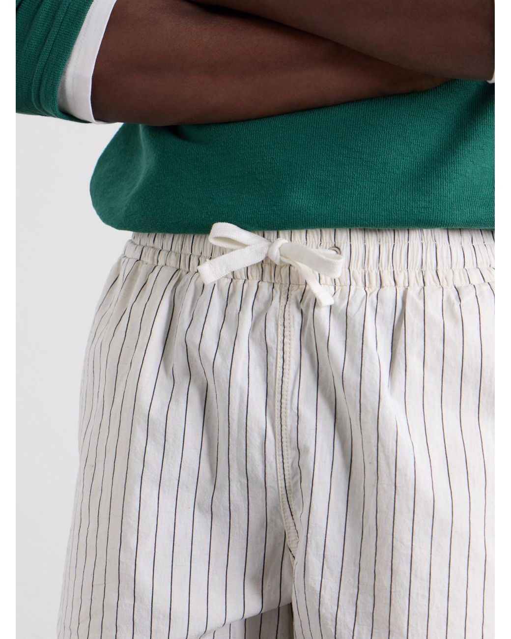 Drake's White Straight-Leg Striped Cotton And Linen-Blend Drawstring Shorts for men