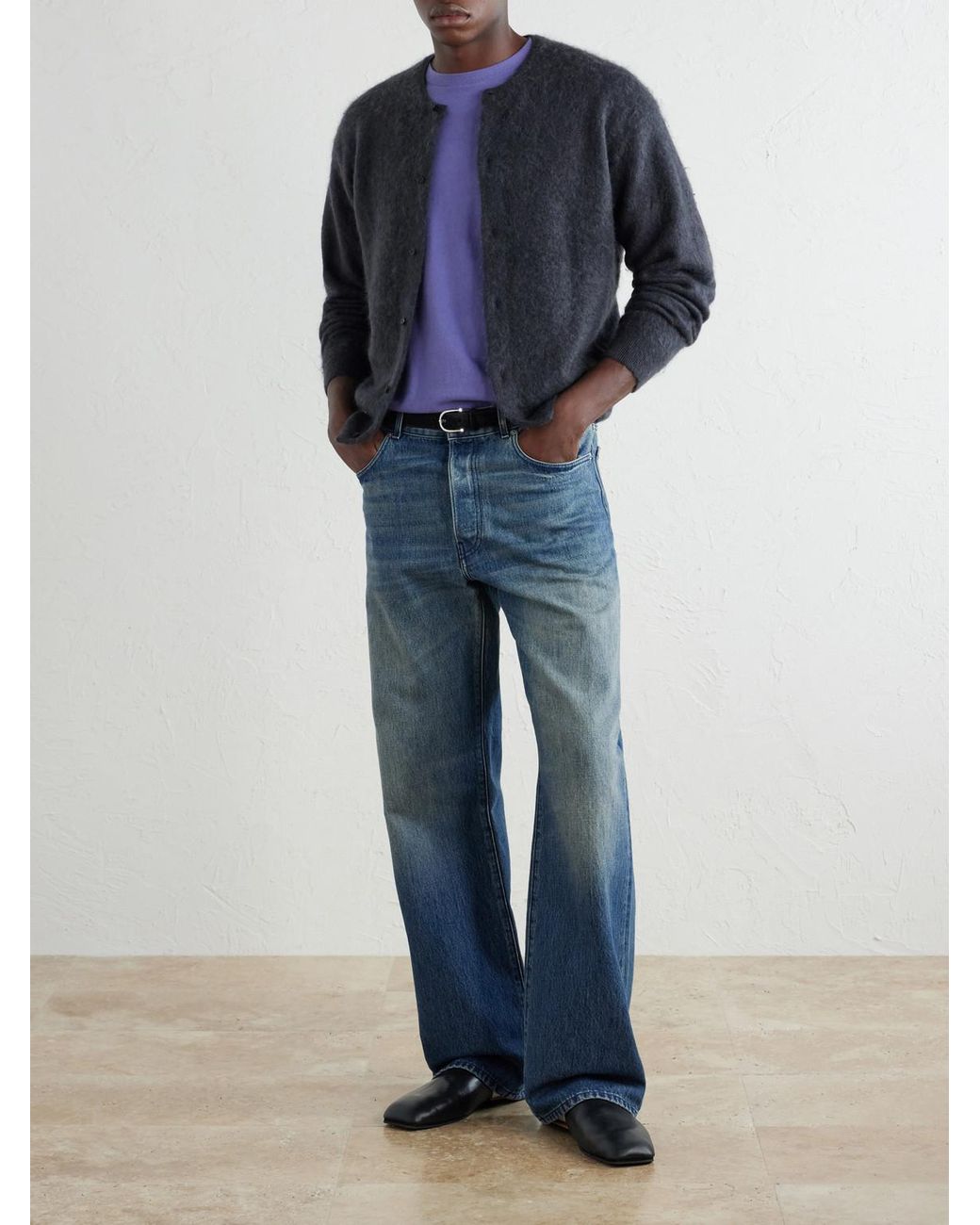 Auralee Blue Garment-Dyed Alpaca Cardigan for men