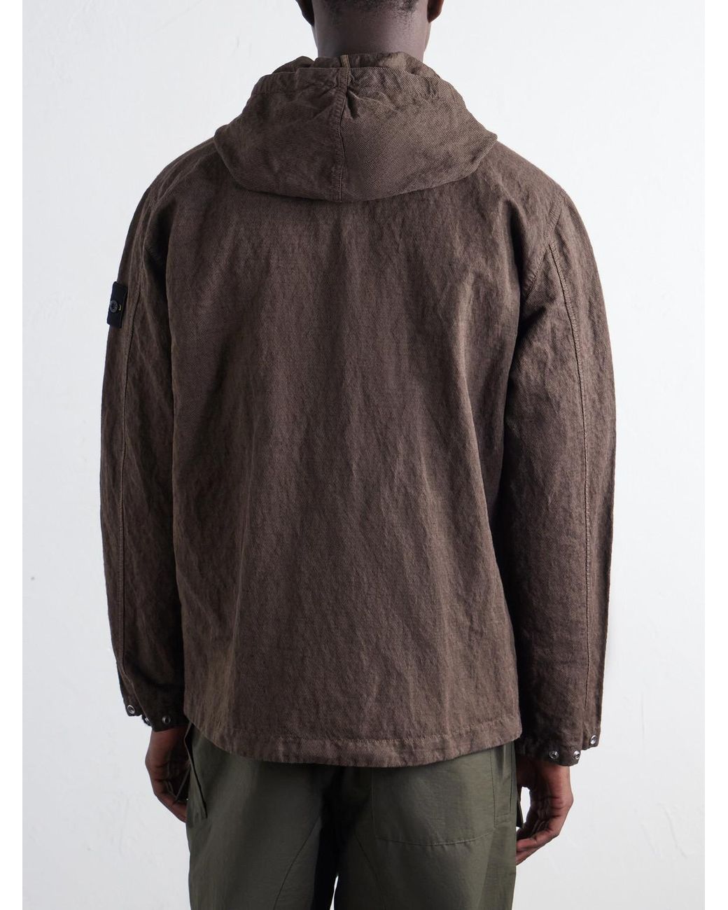 Stone Island Brown Hooded Garment-Dyed Diagonal Cotton Wool-Tc Jacket for men