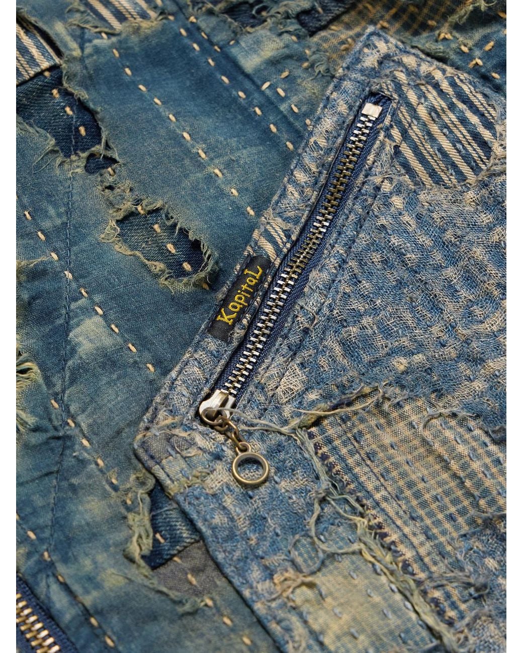 Kapital Blue Boro Distressed Patchwork Denim Jacket for men