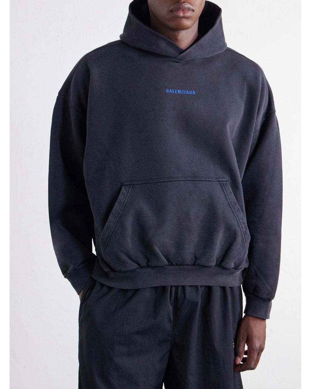 Balenciaga Blue Logo-embroidered Cotton-jersey Hoodie for men