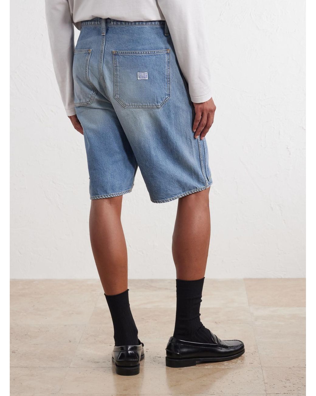 Kapital Blue Straight-Leg Leather-Trimmed Embellished Denim Shorts for men