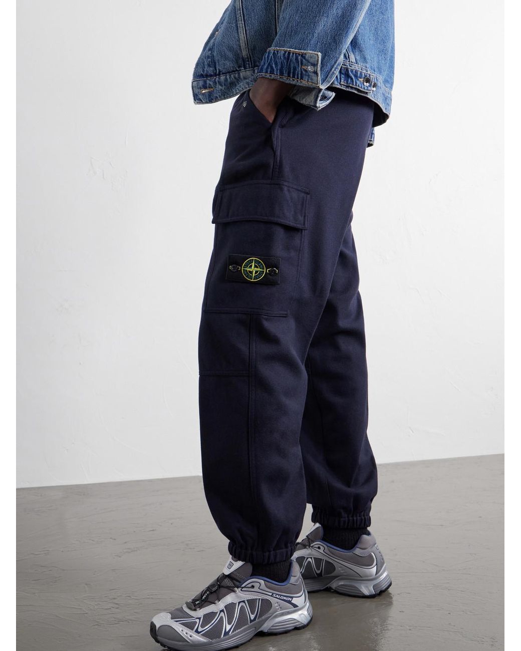 Stone Island Blue Garment-Dyed Wool-Blend Nylon Flannel-Tc Cargo Sweatpants for men