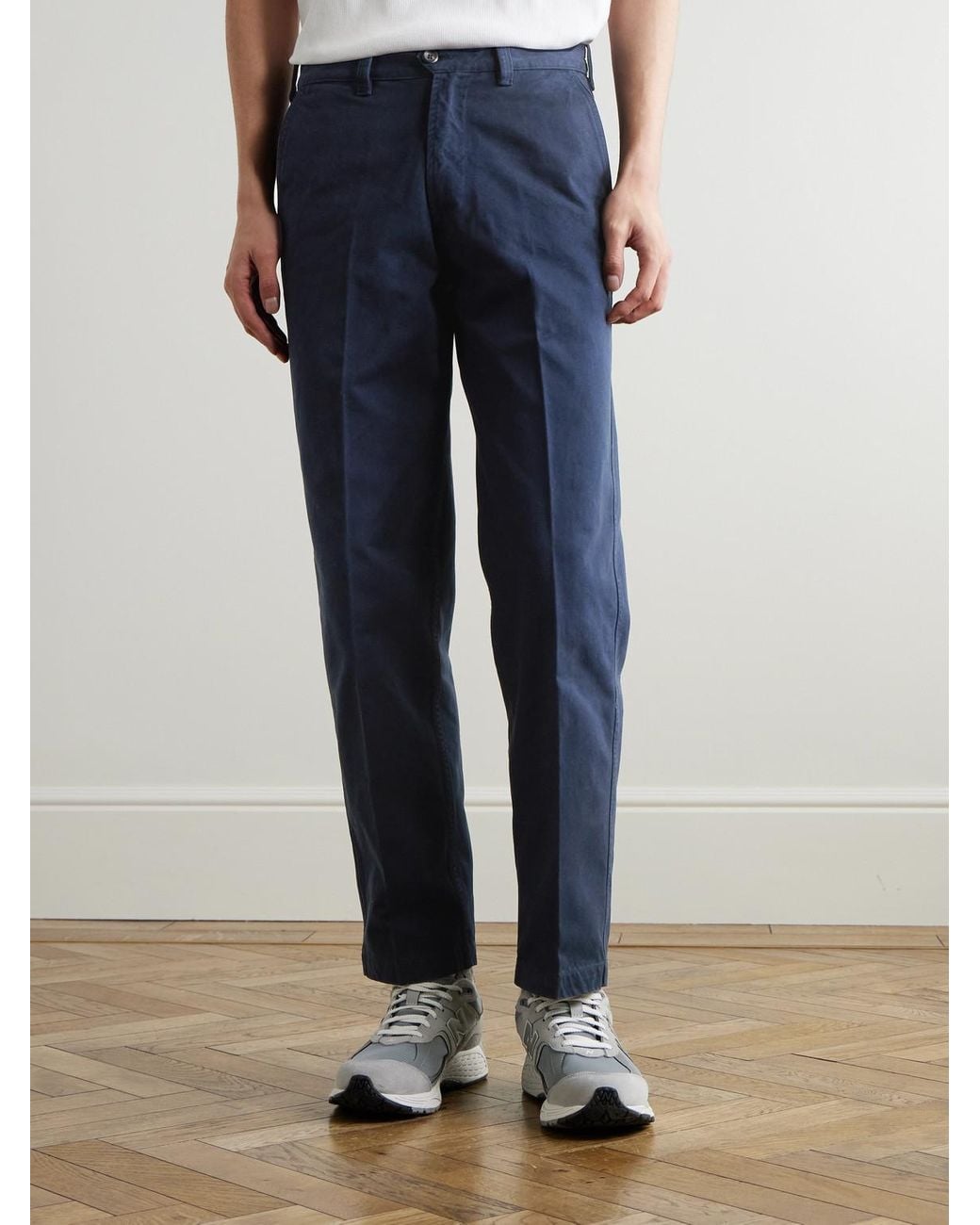 Drake's Blue Straight-Leg Peached Cotton-Twill Trousers for men