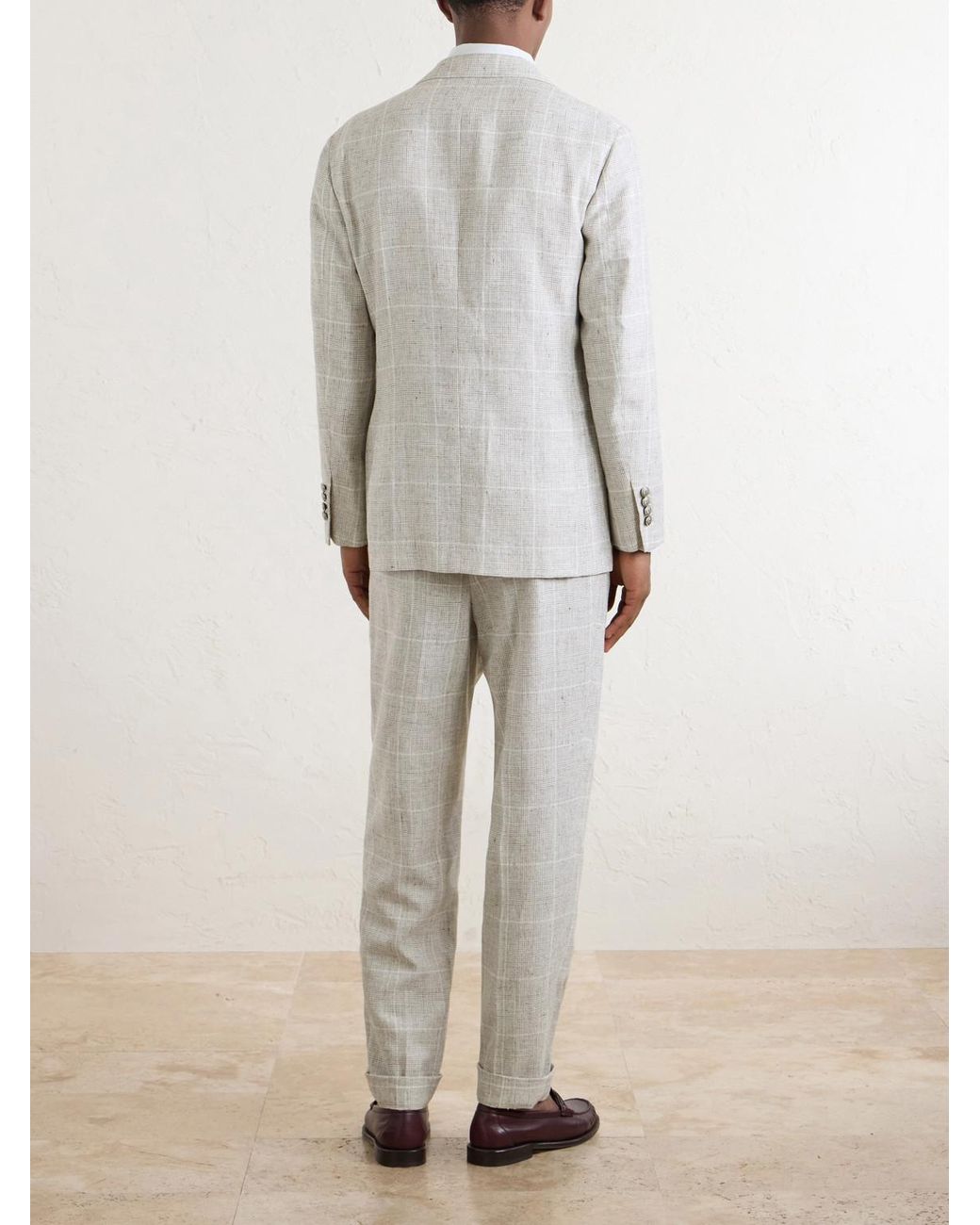 Brunello Cucinelli Gray Double-Breasted Checked Linen-Blend Suit Jacket for men