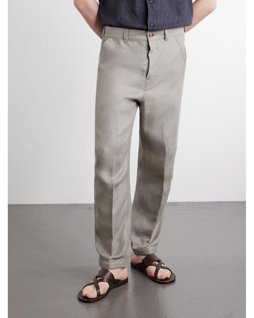 Brunello Cucinelli Gray Straight-Leg Herringbone Linen Trousers for men
