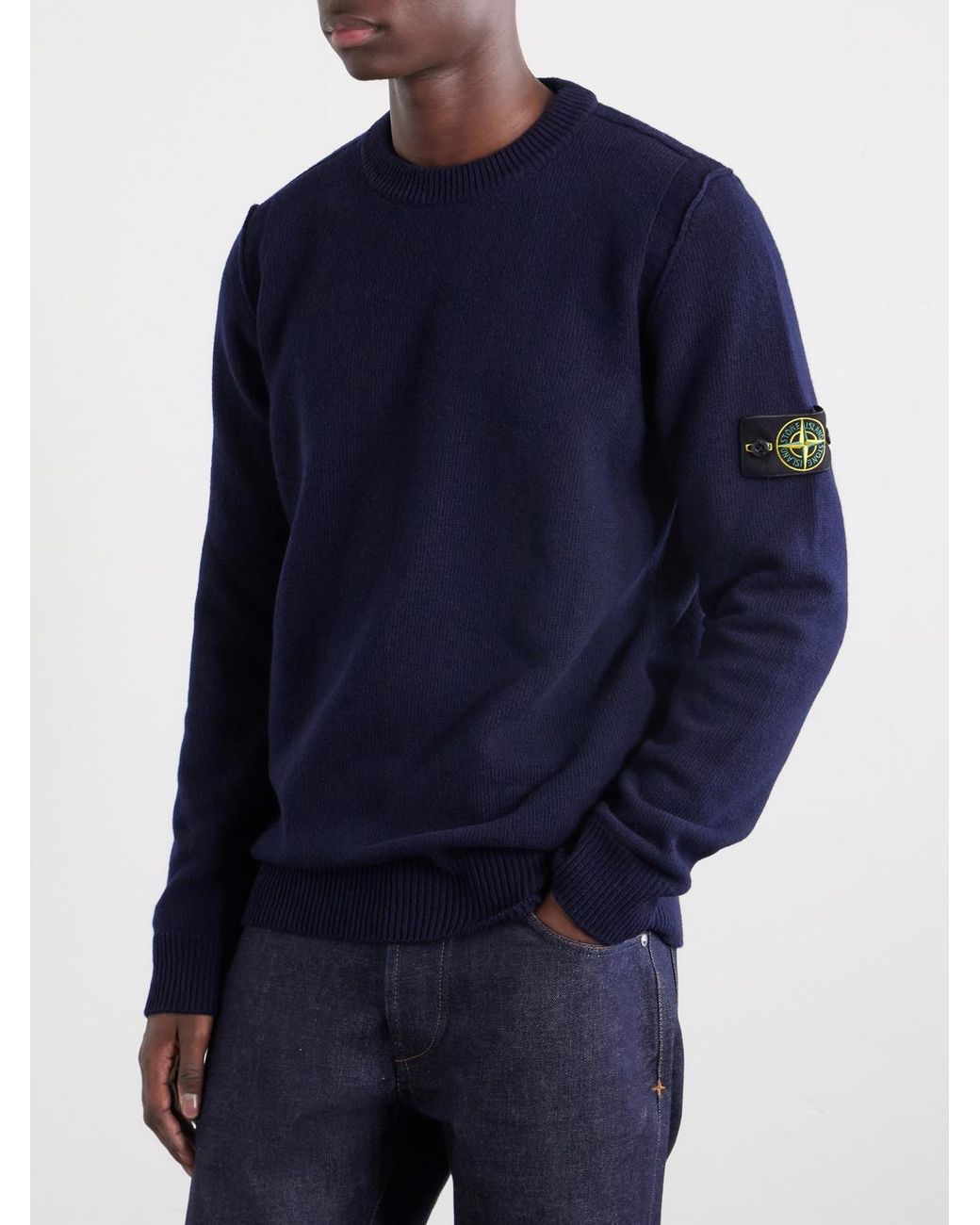 Stone Island Blue Logo-Appliquéd Wool-Blend Sweater for men