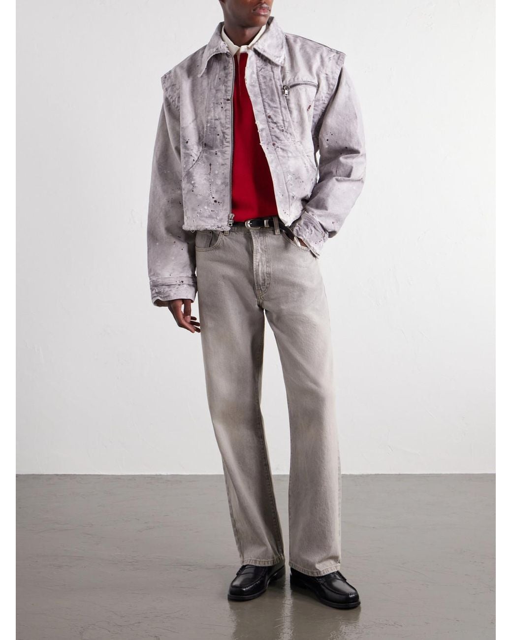 SEKRIT White Chopper Cropped Distressed Cotton-Canvas Bomber Jacket for men